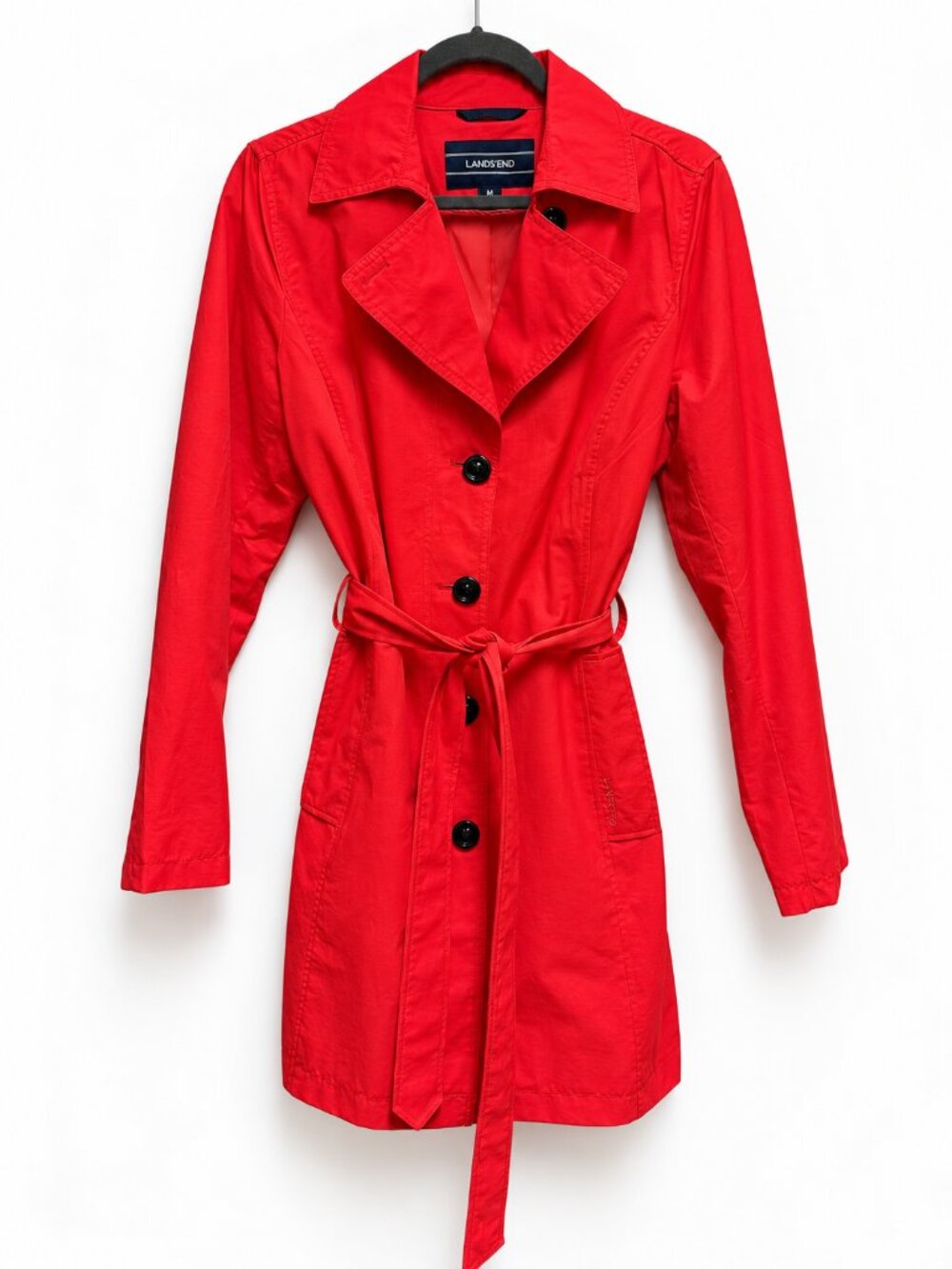 Lands’ End Red Belted Trench Coat Size M 10–12